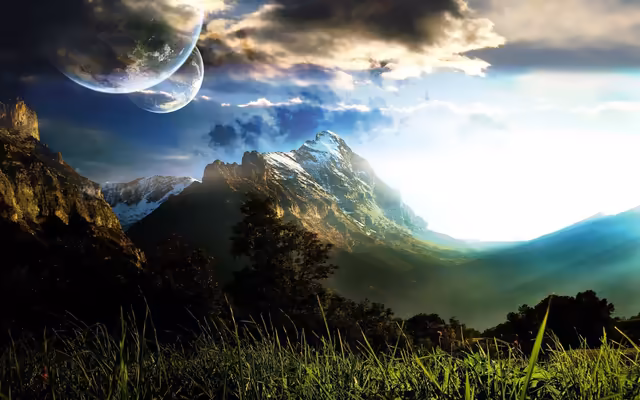 Snow Capped Mountains Twin Planets Sky