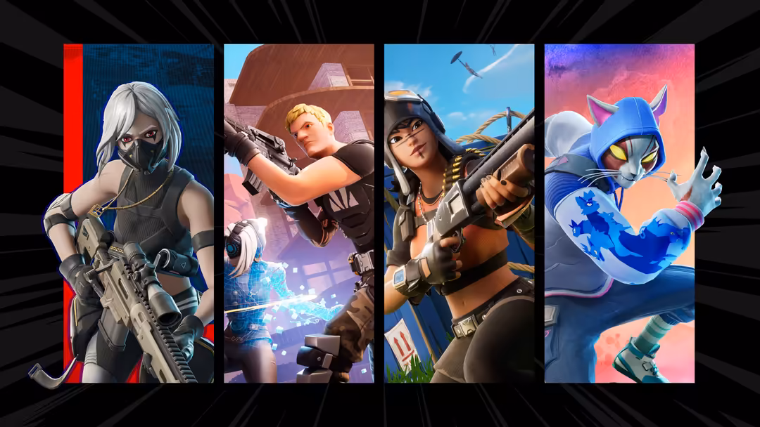 Four Fortnite characters in combat gear standing side by side, featuring tactical weapons and vibrant color schemes against d