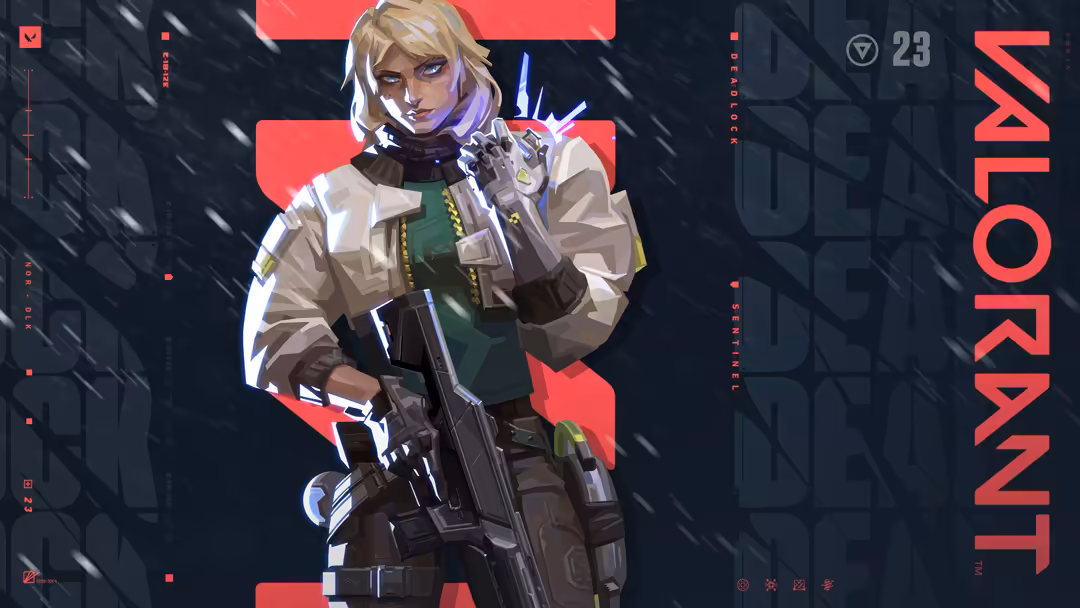 Blonde female agent in tactical gear holding rifle against dark cyberpunk cityscape with neon red accents