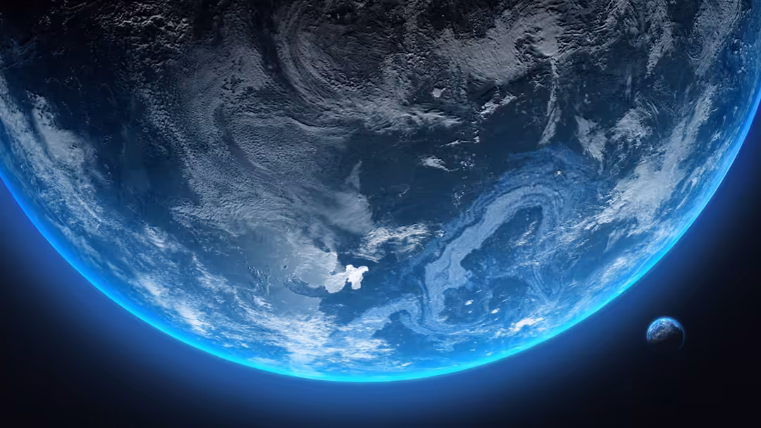Earth from space showing blue oceans, white clouds, and atmospheric glow with a small moon visible in the distance against bl