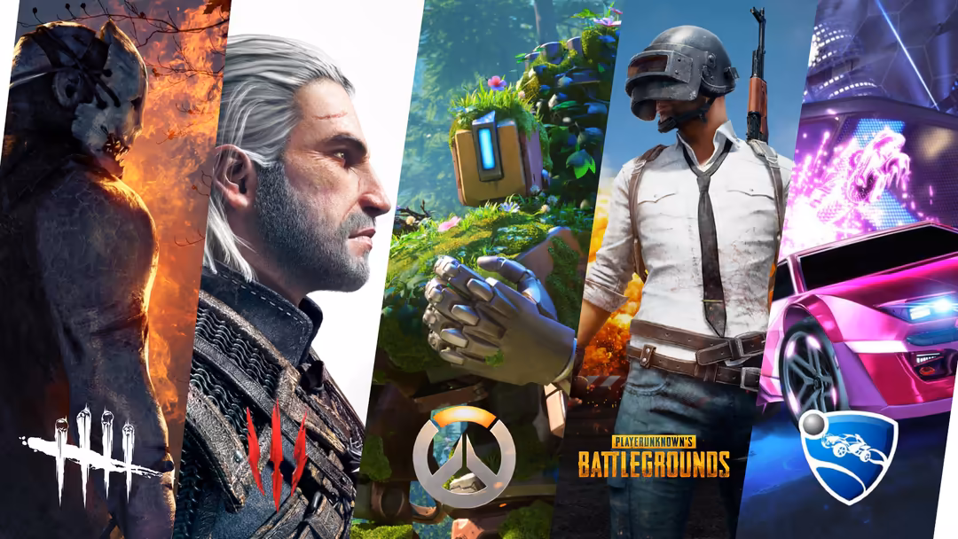 Collage of popular video games including PUBG character with helmet, Overwatch logo, fantasy environments, and neon racing ca