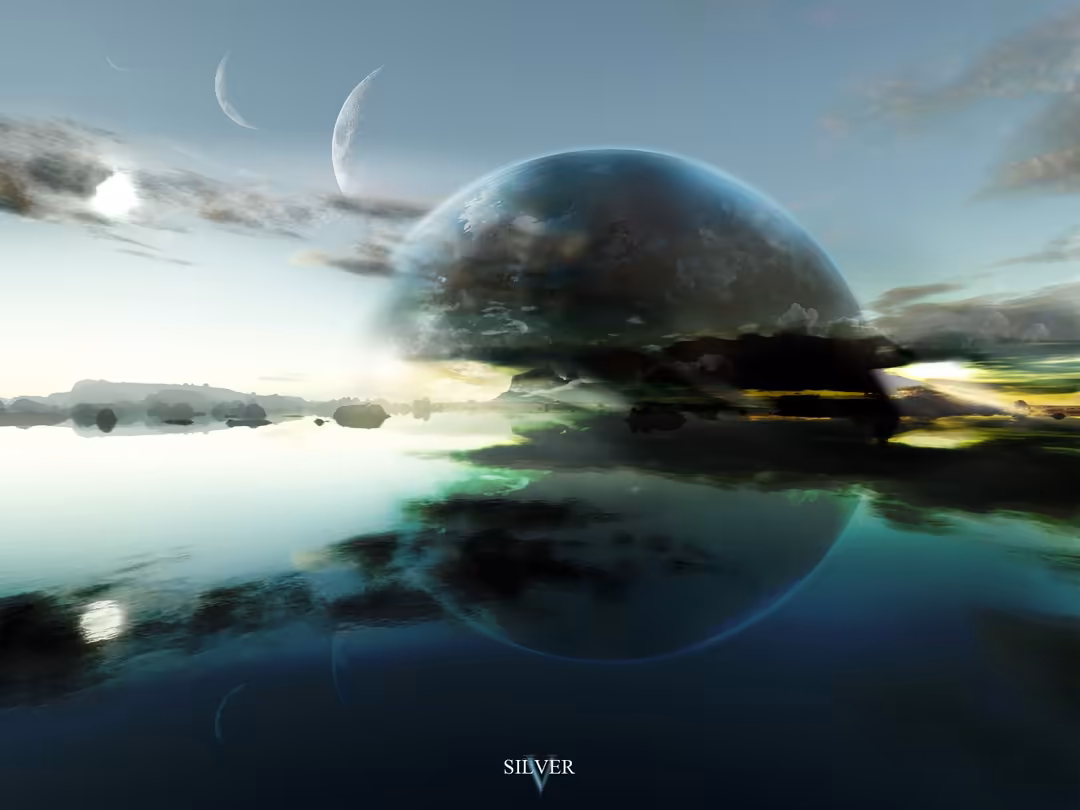 Surreal alien landscape with massive glowing planet hovering above turquoise water, twin moons in sky, rocky islands, blue-gr