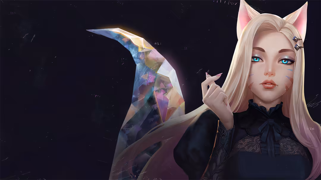 Anime character Ahri with platinum blonde hair, cat ears, and blue eyes, holding a glowing crystalline magical staff against