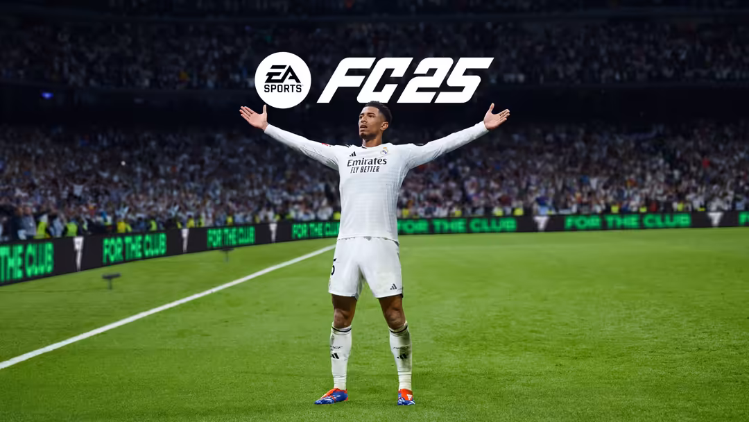 Football player in white jersey celebrating with arms raised on stadium field with EA Sports FC 25 logo displayed