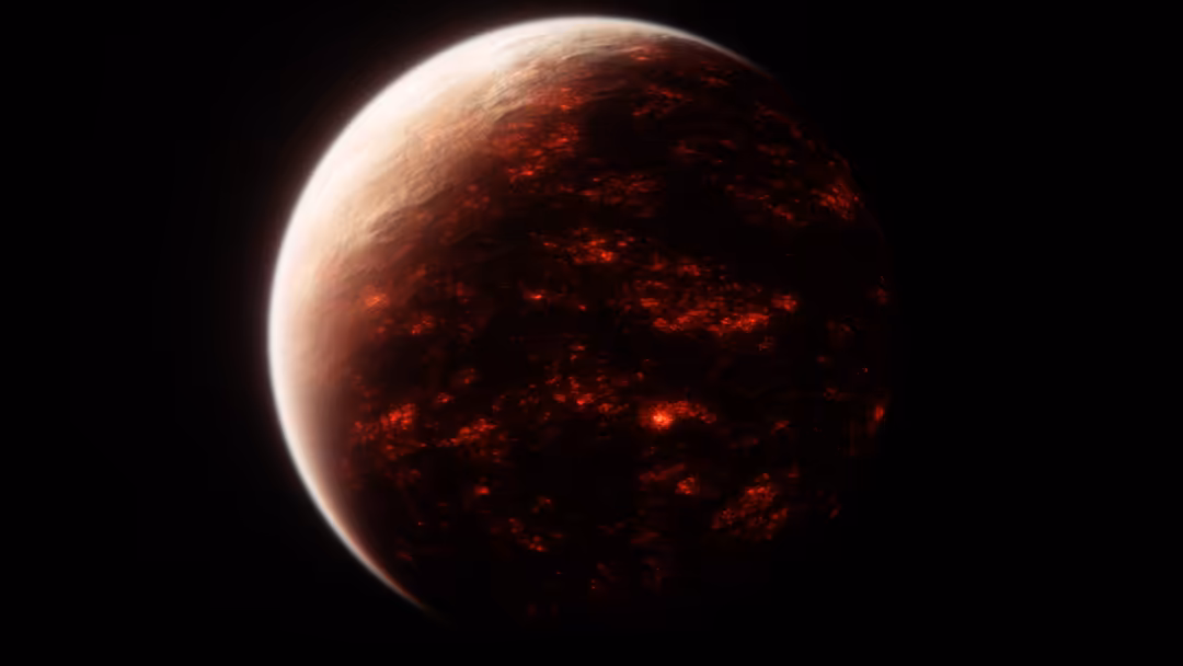 A glowing red planet with bright lava patterns against a dark cosmic background, illuminated by distant light
