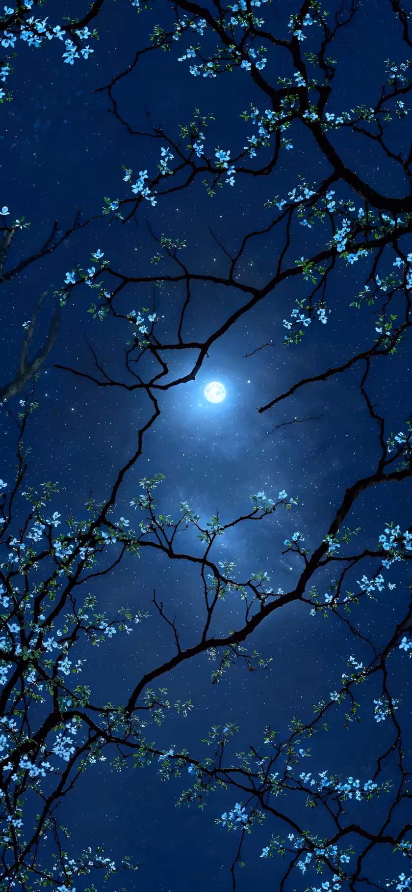 Moonlit Night Blooming Trees Stars