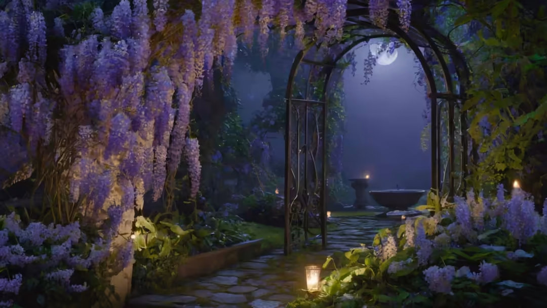 Enchanted garden pathway at night with cascading purple wisteria flowers framing a romantic archway, full moon visible beyond