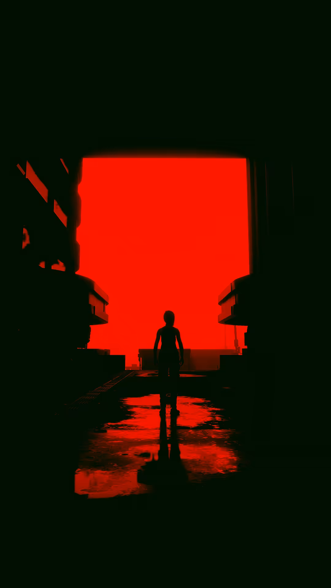 Silhouetted figure standing before a massive red glowing structure in a dark cyberpunk environment with neon reflections on t
