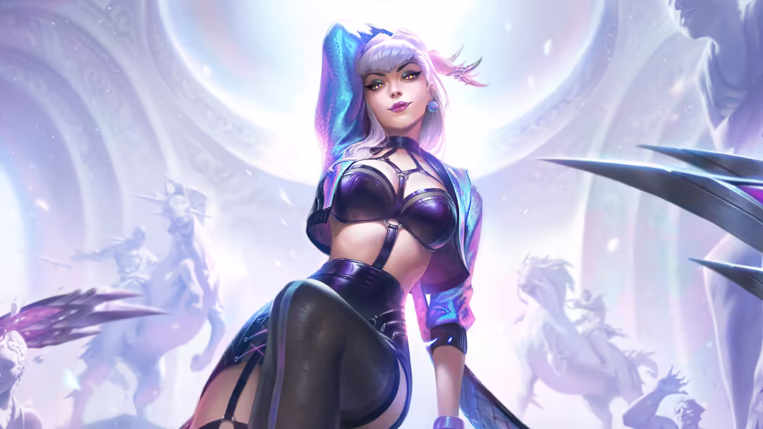 Ethereal female character with lavender hair and dark cyberpunk armor, glowing purple and blue aura, angelic wings, fantasy w