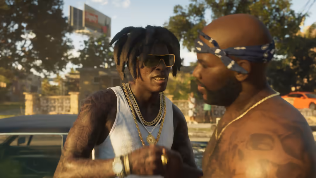Two characters in urban streetwear with gold chains and sunglasses chatting in a sunny city neighborhood with trees and build