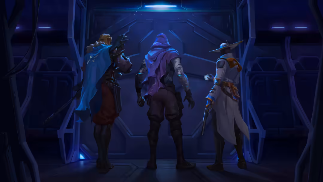 Three Valorant agents standing in a futuristic spaceship corridor with blue neon lights, ready for tactical gameplay