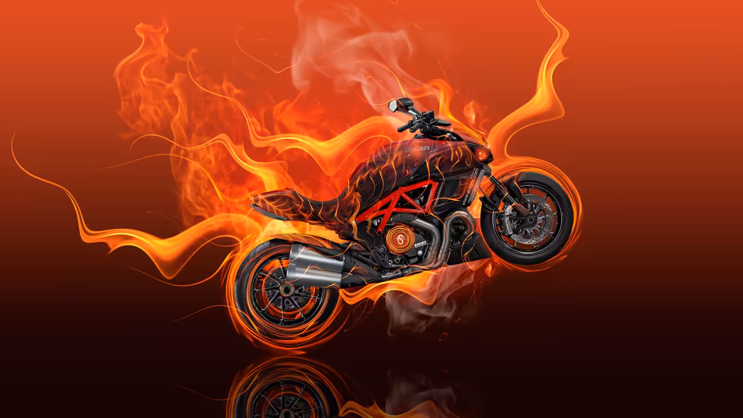 A powerful motorcycle surrounded by intense orange and yellow flames against a dark red gradient background with reflection e