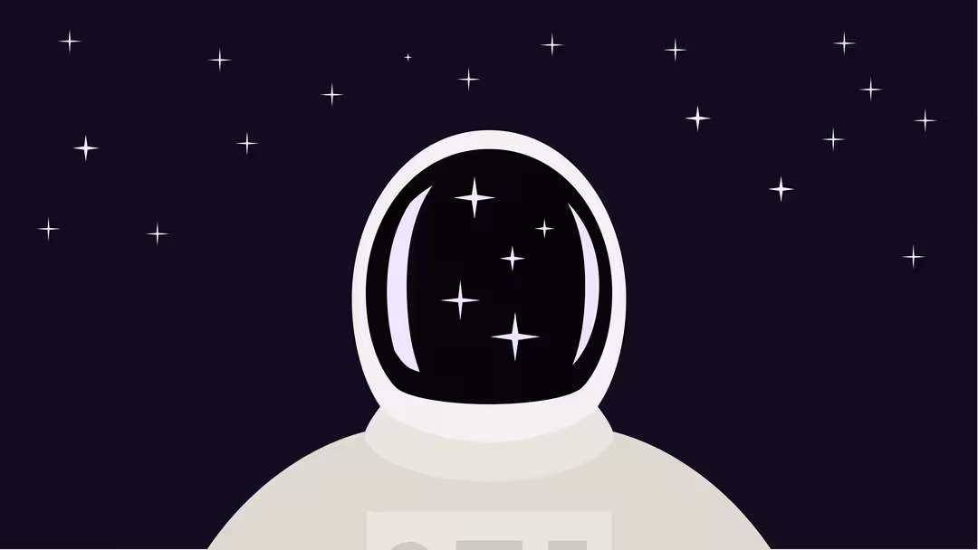 Minimalist illustration of an astronaut in a white spacesuit with helmet visor reflecting stars against a dark night sky dott