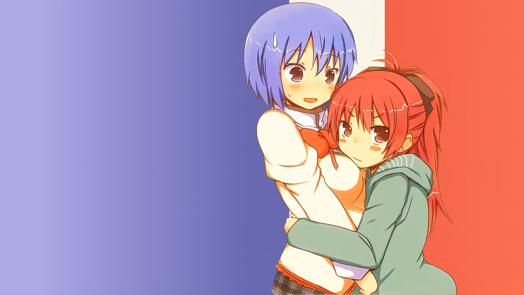 Two cheerful anime girls with purple and red hair embracing happily against a split purple and coral background, expressing j