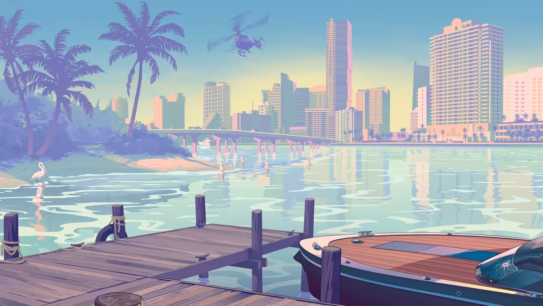 Stylized tropical beach scene with wooden dock, boats, palm trees, and vibrant pastel-colored city skyline at sunset reflecti