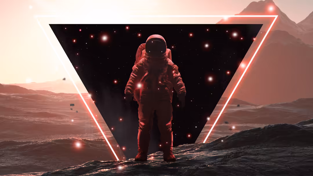 Astronaut in spacesuit standing on red alien landscape with neon geometric frames and starfield backdrop