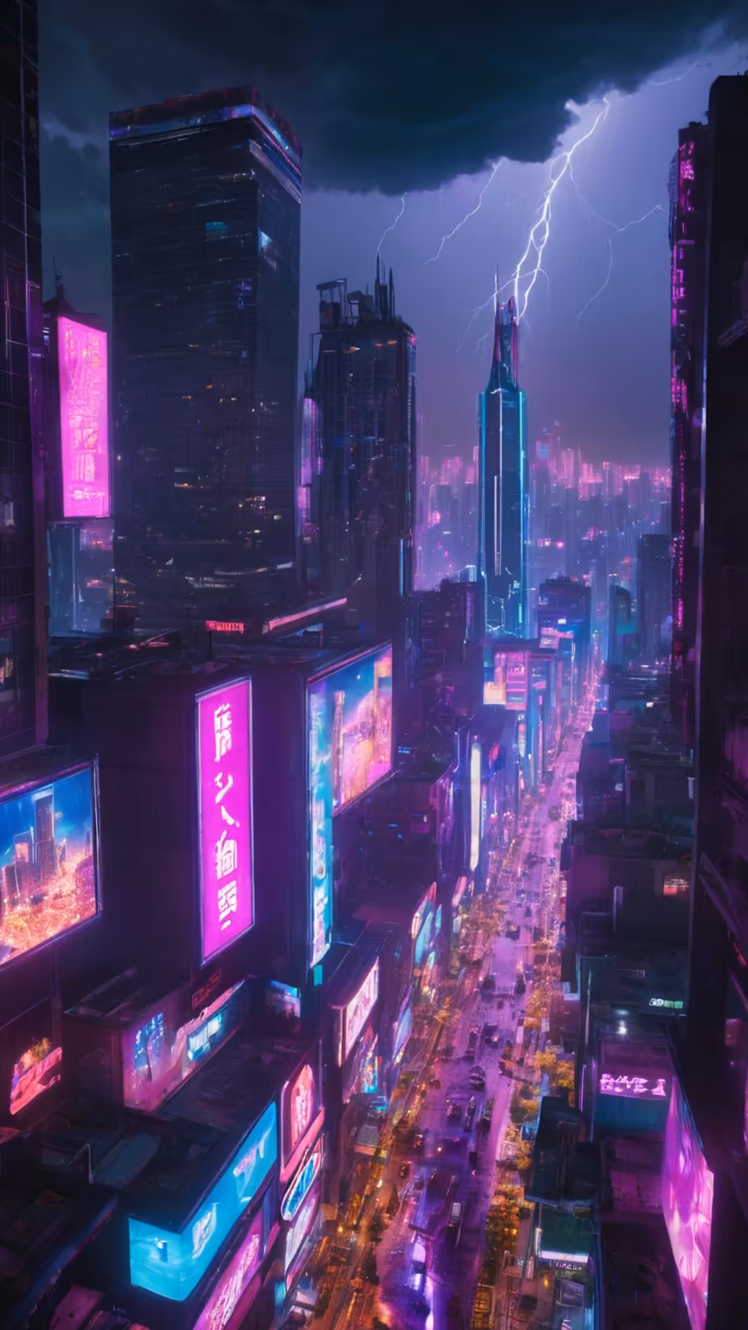 Futuristic cyberpunk city with towering neon-lit skyscrapers, vibrant purple and magenta signage, and dramatic lightning bolt