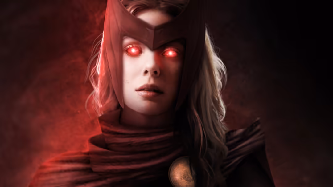 Woman with glowing red eyes wearing dark hooded cloak against red atmospheric background, dramatic supernatural portrait aest