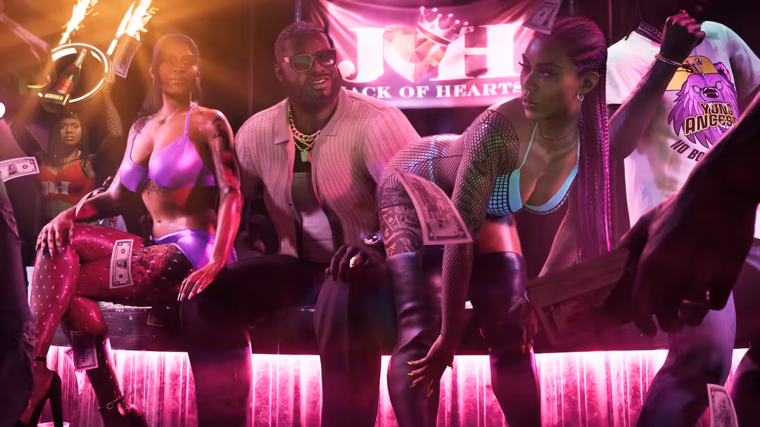 Vibrant neon-lit nightclub scene with stylish figures in pink and purple lighting, cash, and glowing signs in a futuristic ur