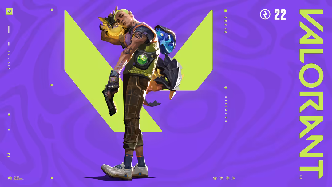 Gekko character from Valorant standing confidently with glowing yellow accents and vibrant purple background, holding a creat