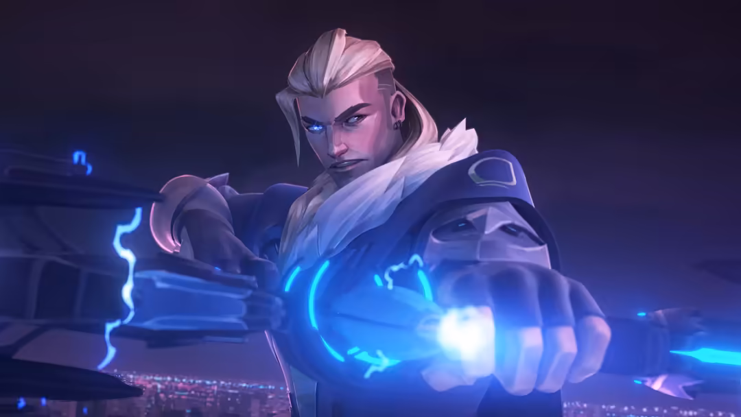 Anime-style male character with white hair wielding glowing neon blue bow and arrow in cyberpunk setting with city lights bel