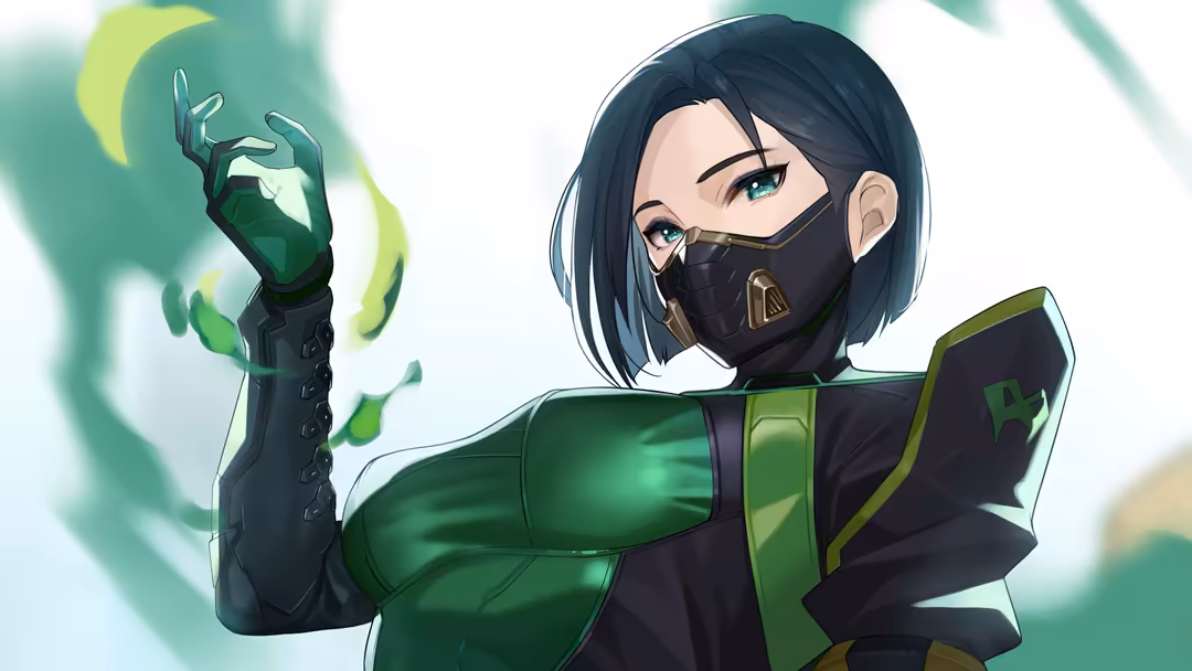 Anime-style character Viper from Valorant wielding glowing green toxic powers with masked face and tactical gear
