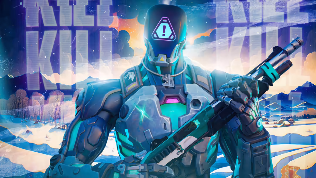 Futuristic armored Kayo agent in neon cyan and purple suit with glowing visor, holding energy weapon against snowy digital ci