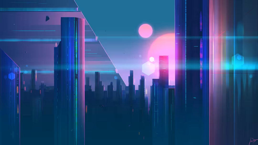 Futuristic cyberpunk cityscape with towering skyscrapers silhouetted against pink and cyan neon lights, glowing orbs in the s