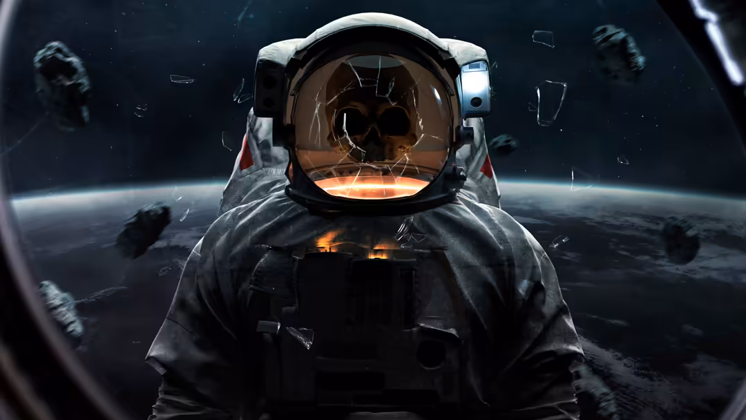 Astronaut in spacesuit floating above Earth with glowing planet and asteroid debris in cosmic starfield background