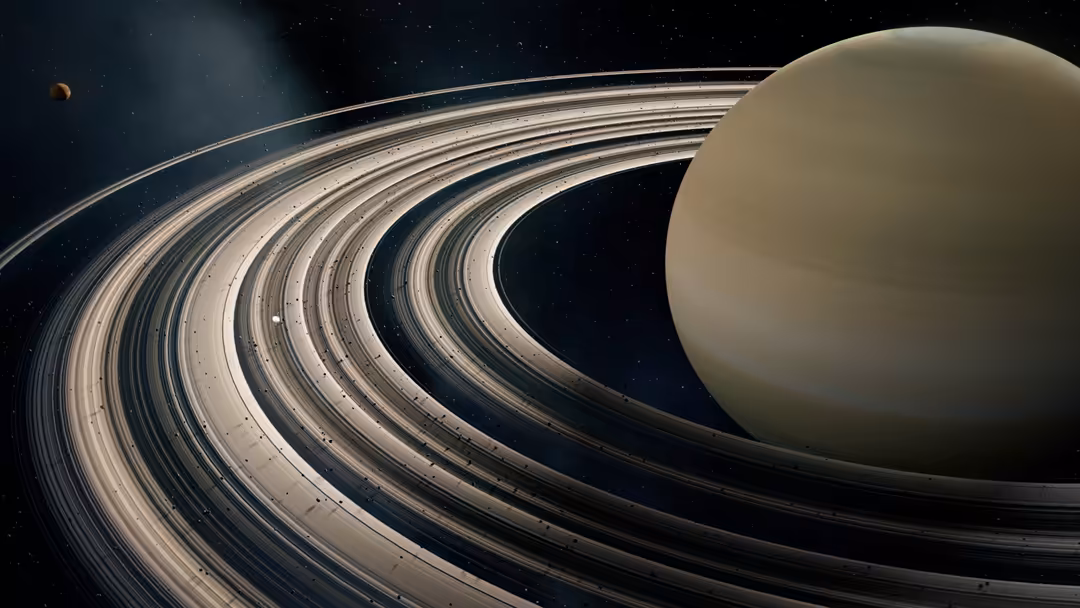 A majestic Saturn planet with intricate concentric rings against a starry black space background with distant stars