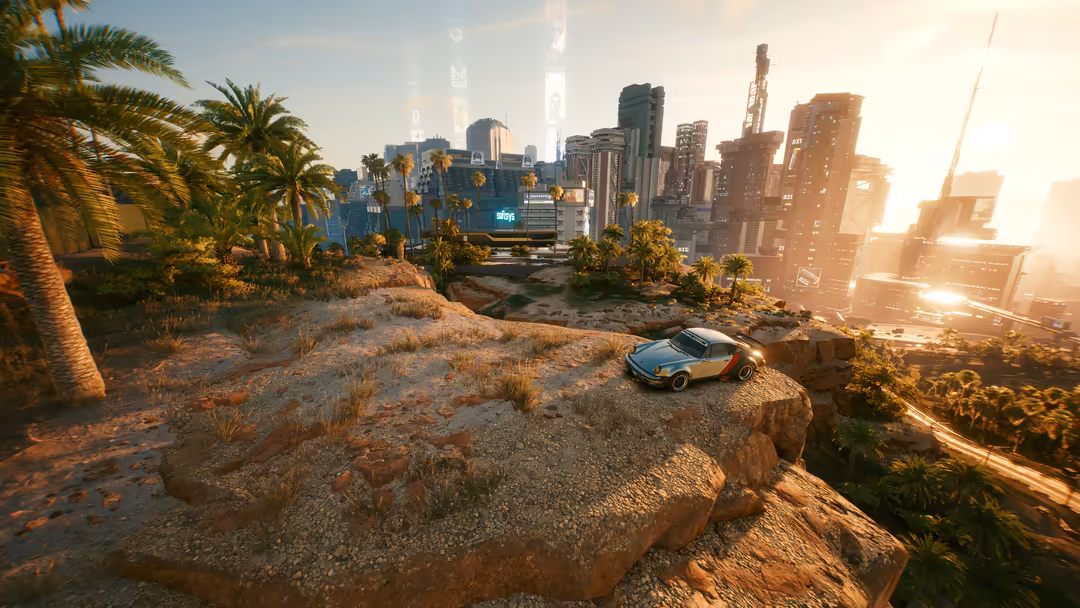 A sleek sports car sits on a rocky desert outcrop overlooking a sprawling cyberpunk cityscape with towering skyscrapers and p