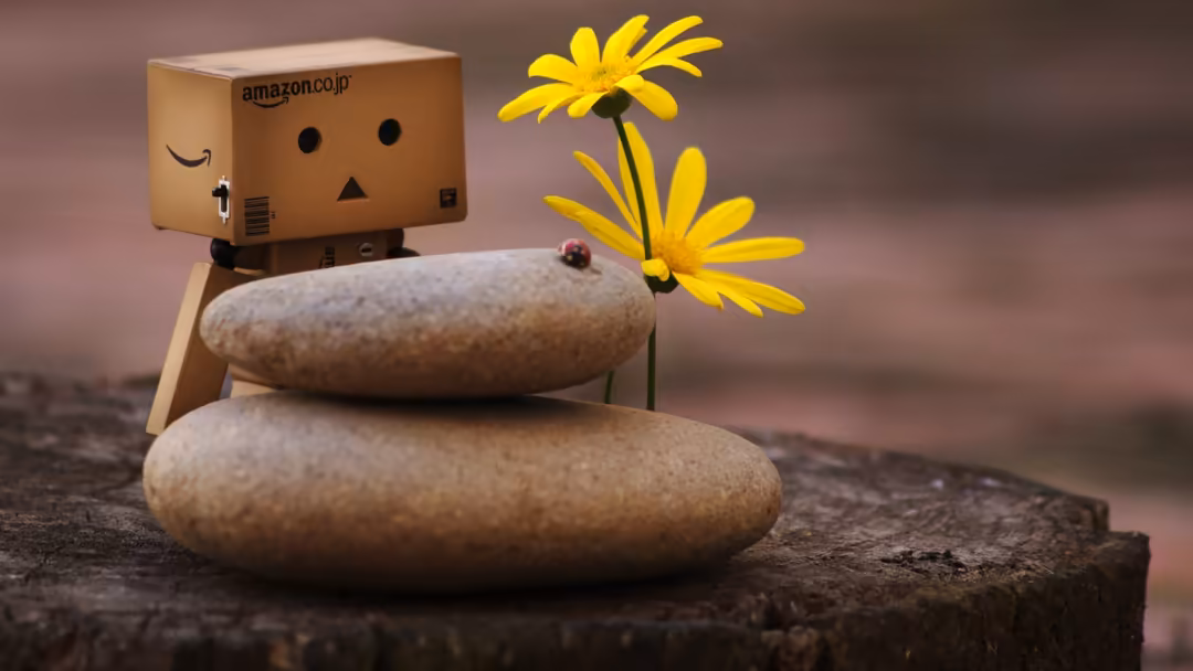 Adorable cardboard character figure with smiling face balanced on stacked stones, holding bright yellow flowers with ladybug