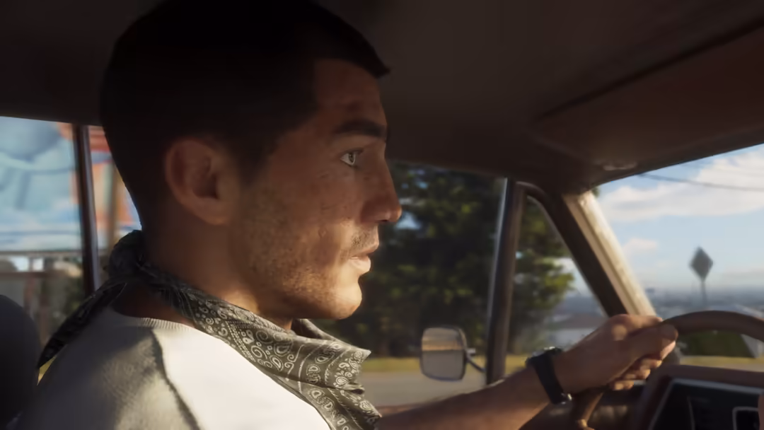 Man driving vintage car on scenic road with landscape view, GTA VI game character in realistic cinematic style