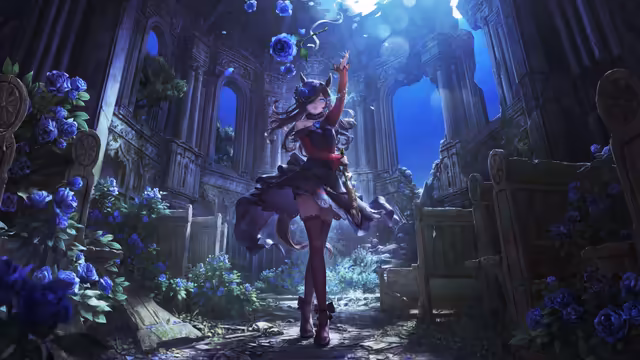 Anime Girl Mystical Blue Palace Ruins
