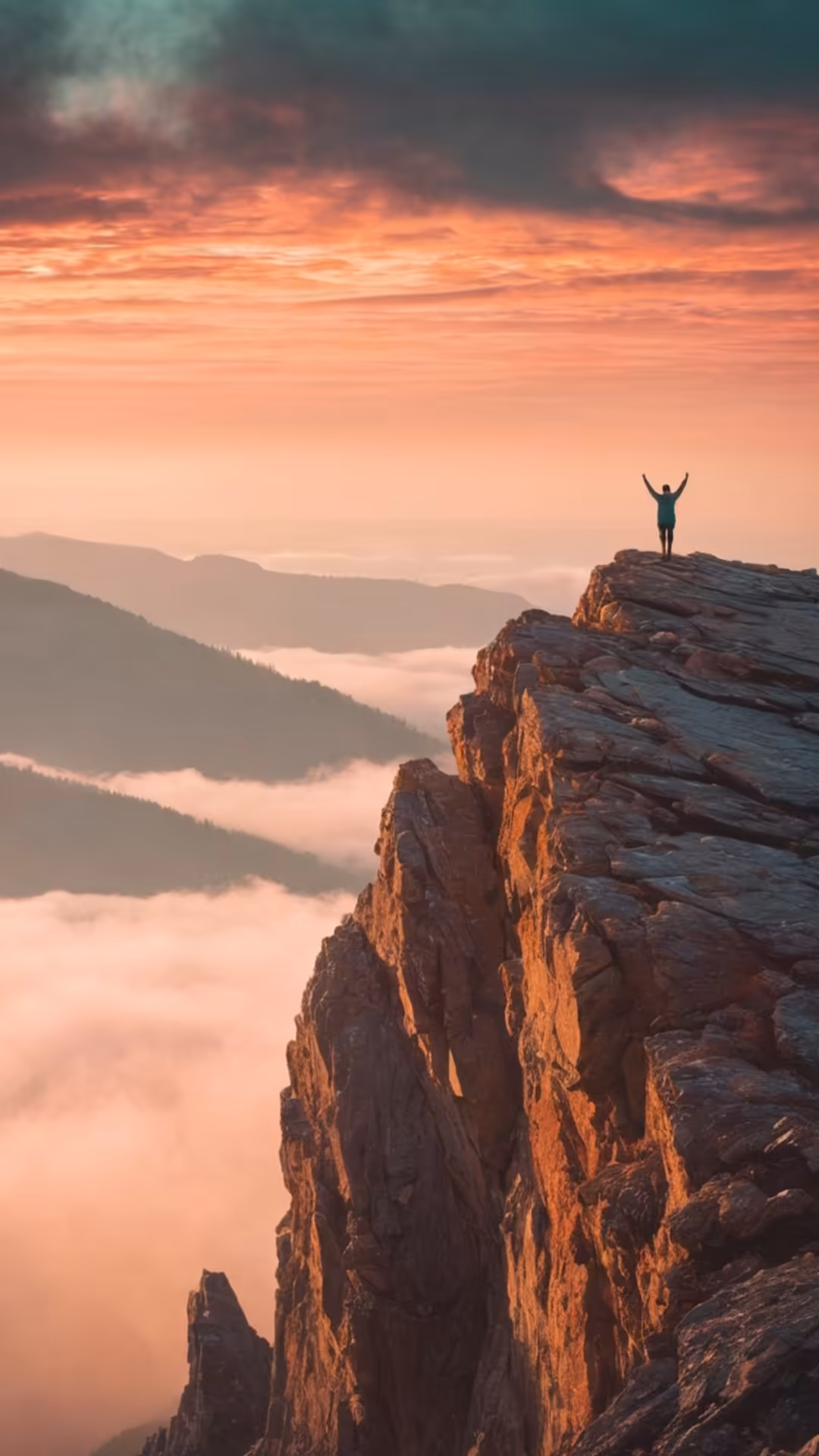 Person standing atop rocky mountain peak with arms raised against golden sunset sky, misty valleys below, dramatic clouds ove