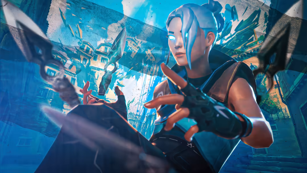 Futuristic character Jett wielding glowing knife in neon-lit cyberpunk cityscape with dynamic action pose
