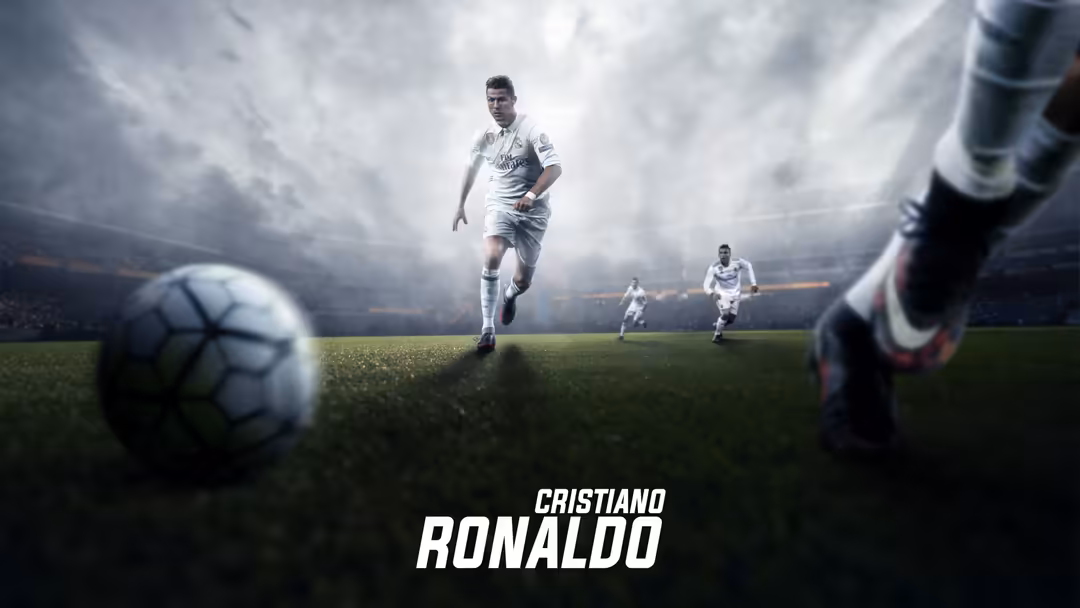 Professional footballer Cristiano Ronaldo in white kit running with ball during intense stadium match with dramatic cloudy sk