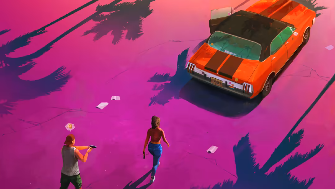 Vibrant neon pink scene with red muscle car, figures, and tropical palm tree shadows in surreal digital landscape