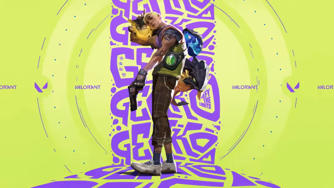 Gekko character from Valorant game standing confidently against vibrant neon purple and lime green abstract geometric backgro
