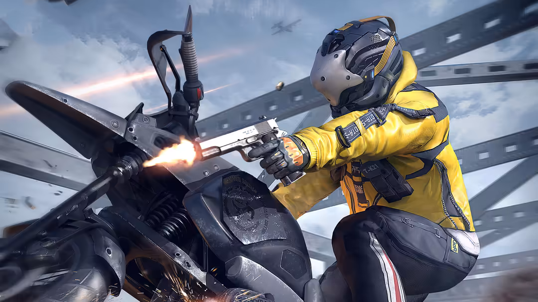 Futuristic soldier in yellow tactical gear wielding firearm on military aircraft, intense action scene with dynamic motion
