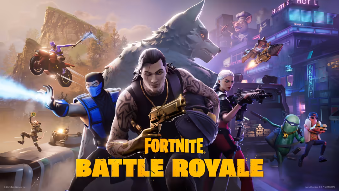 Fortnite Battle Royale characters in action poses with weapons, featuring urban and desert environments with neon signs and a