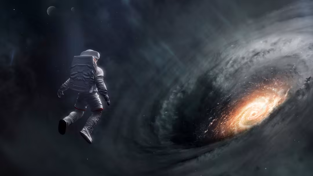Astronaut in spacesuit floating near a massive glowing spiral galaxy with bright orange core and swirling cosmic dust clouds