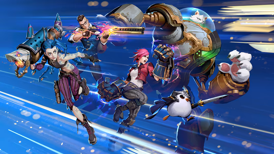 Colorful fantasy game characters in action poses with magical abilities and weapons against a dynamic blue background with en