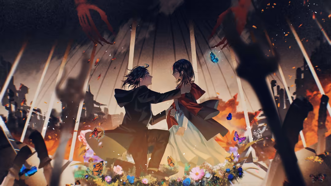 Mikasa Ackerman in elegant attire dancing with another figure, surrounded by colorful butterflies and flames in a dramatic, e