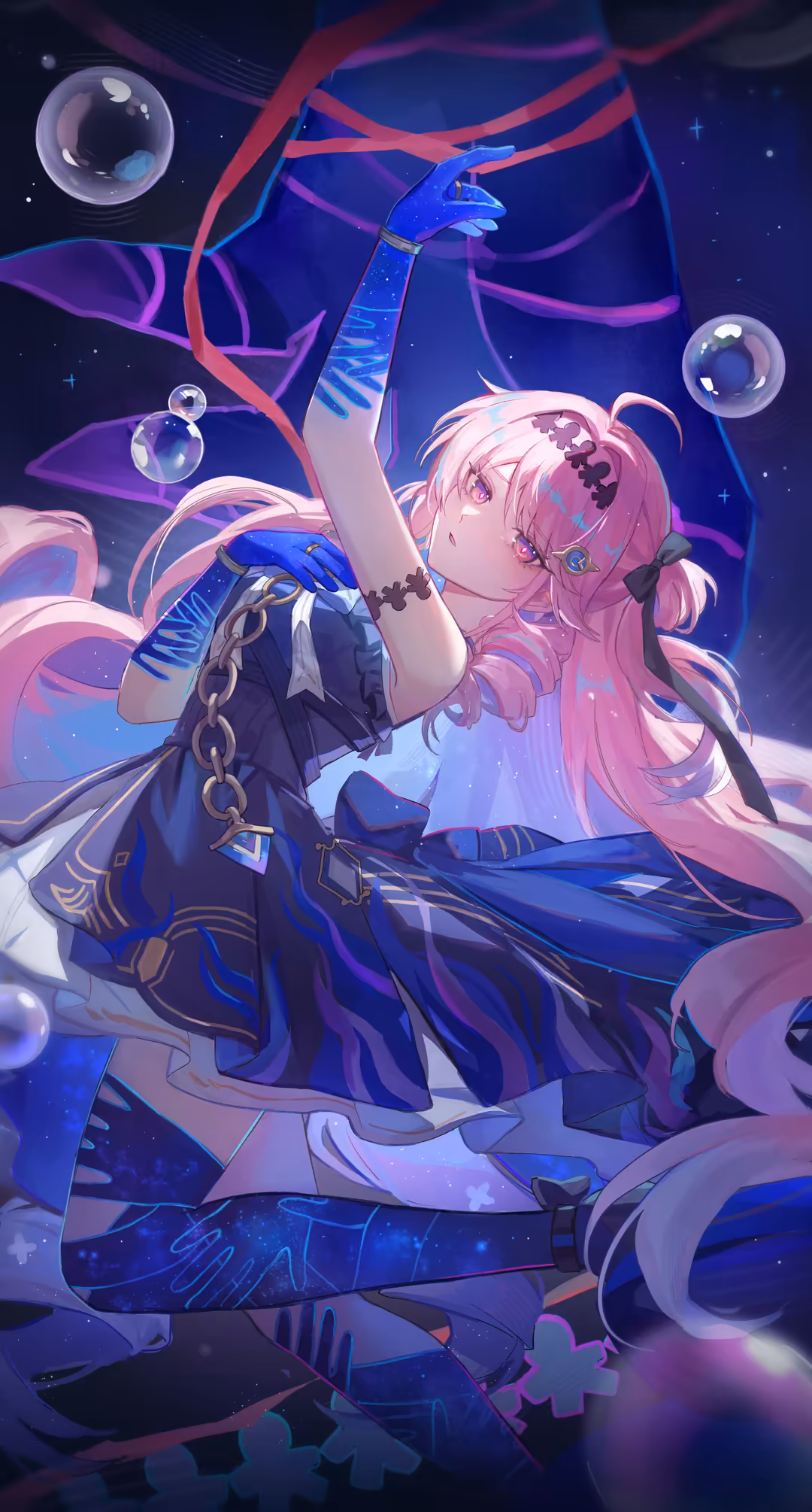Anime girl with pink hair in blue neon outfit surrounded by glowing bubbles and flowing ribbons against starry backdrop