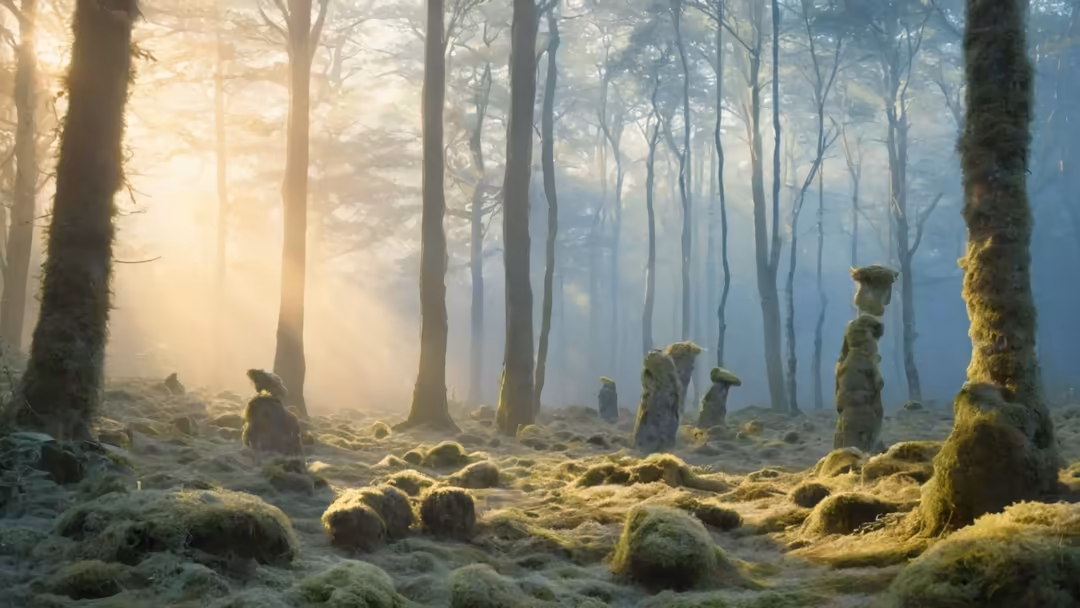 Ethereal misty forest with tall trees covered in moss and golden sunlight filtering through fog, creating a serene and magica