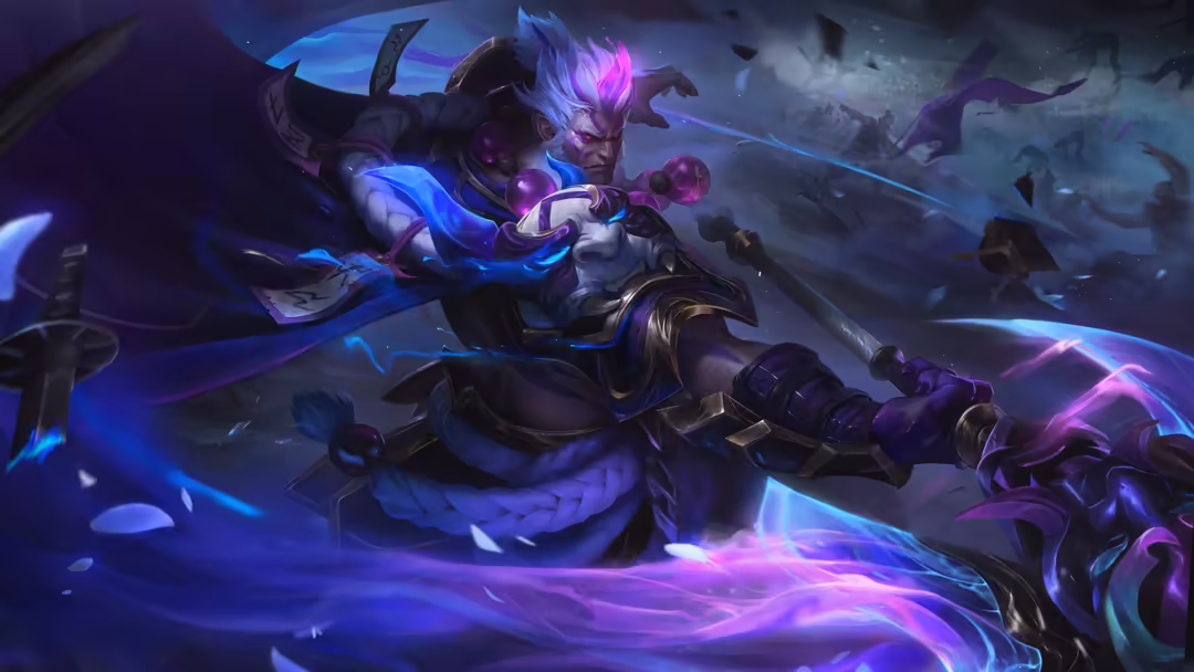 Mystical warrior with glowing purple and blue magical energy, ornate armor, flowing robes, and ethereal spirit effects in dyn