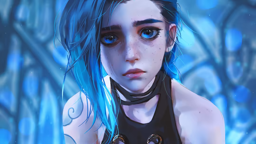 Anime character Jinx with striking blue eyes and blue hair, wearing a black choker in a glowing cyberpunk environment with ne