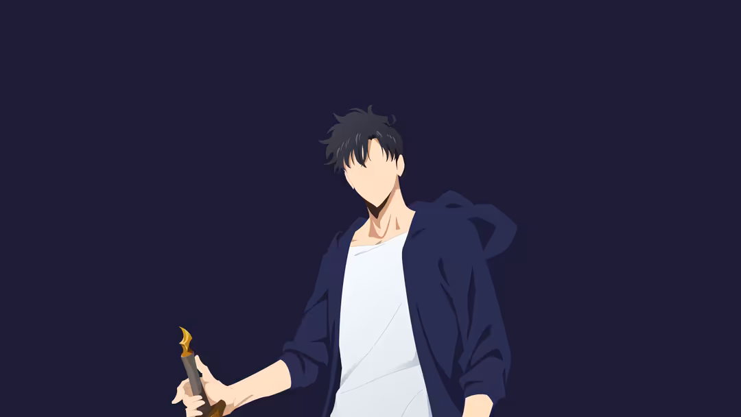 Anime character Sung Jinwoo standing against dark background, wearing dark jacket and white shirt, holding a glowing dagger