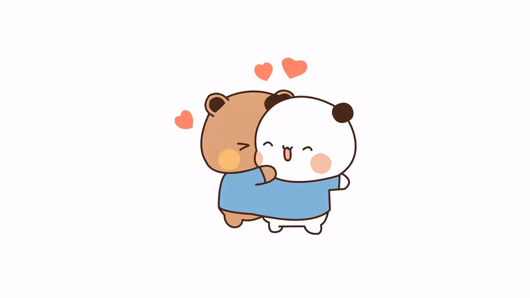 Two adorable cartoon bears hugging with hearts floating above in soft pastel colors, one brown and one white wearing blue shi